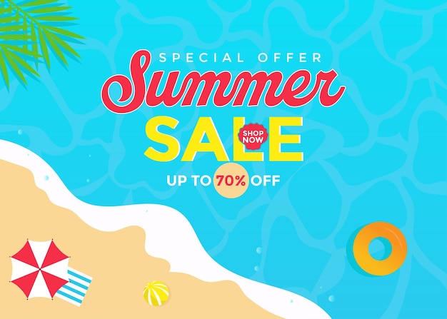 Estandarte de venta de verano con ilustración de playa de la vista superior oferta especial de descuento amp publicación social