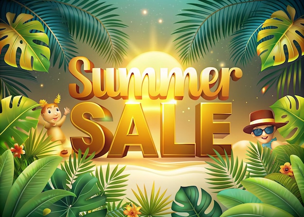 Estandarte de venta de verano con letras doradas con monstera realista tropical y hojas de palma