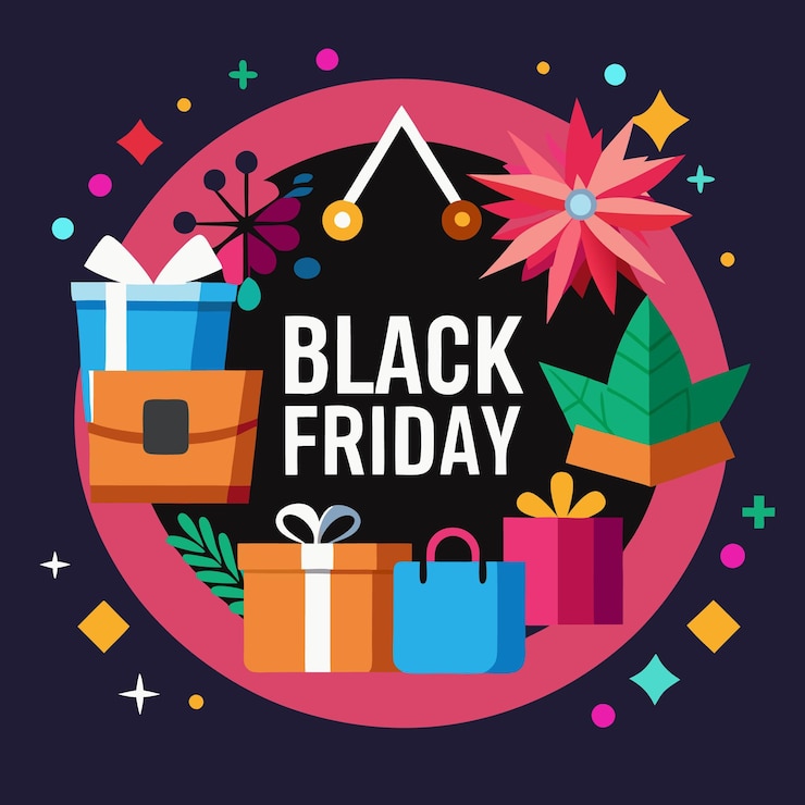 Vector estandarte de venta del viernes negro con regalos y decoraciones de colores