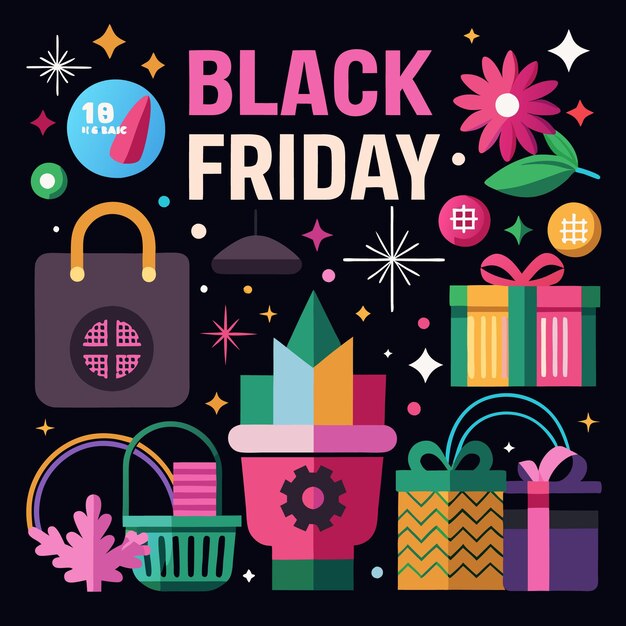 Estandarte de ventas del Viernes Negro con un diseño festivo con regalos bolsas de compras cestas de compras estrellas flores y formas abstractas sobre un fondo negro