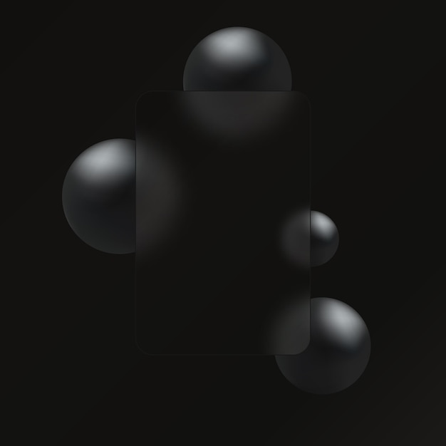 Estandarte de vidrio vertical rectangular sobre un fondo oscuro con esferas negras
