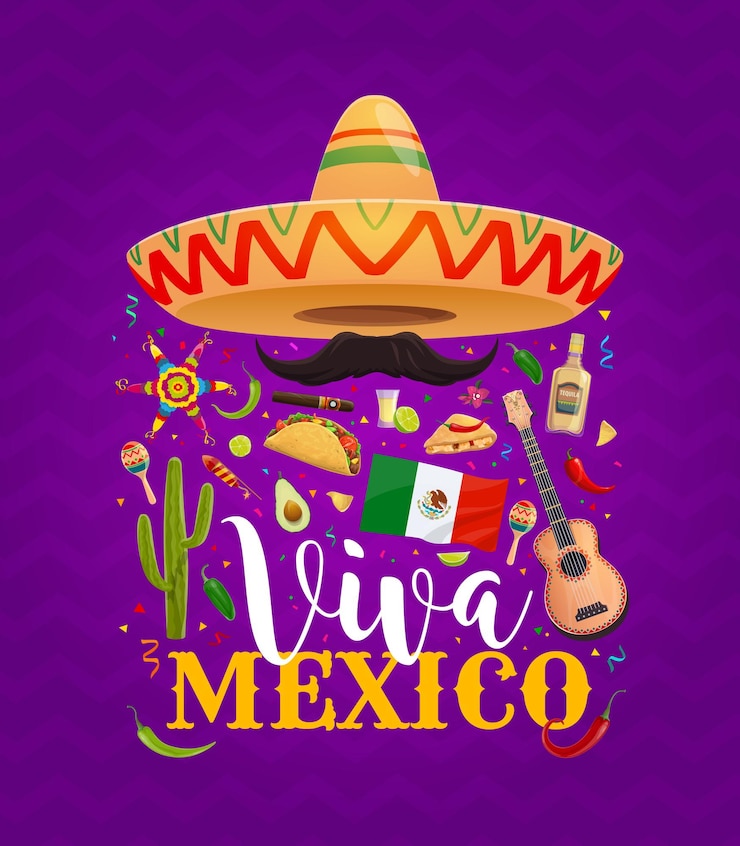 Vector estandarte de viva méxico con tequila de guitarra sombrero