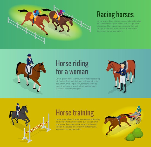 Estandartes horizontales ecuestres web isométricos con equipos de premios de carreras de caballos y repetición antes de la ilustración vectorial de competencia. Jinete a caballo Deporte ecuestre