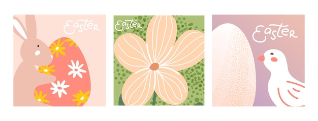 Estandartes minimalistas de Pascua con colores pastel con un conejo lindo decorado con huevo, flor de primavera y pájaro