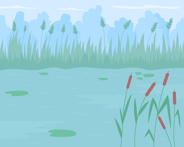 Estanque rodeado de ilustración de vector de color plano de hierba de caña. nenúfares flotantes. lugar para unas relajantes vacaciones. lago con hierbas acuáticas cuerpo de agua de dibujos animados 2d con un paisaje verde en el fondo