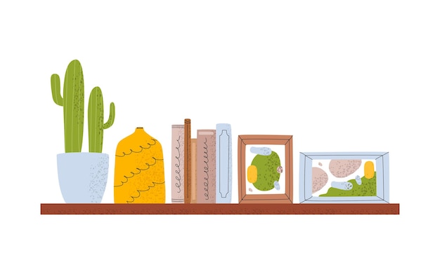 Vector un estante colgante con decoraciones cactus en un jarrón de maceta libros de pinturas enmarcadas