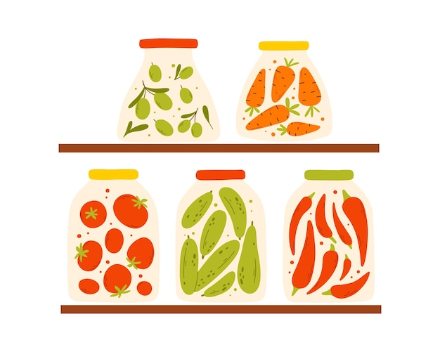 Estante con encurtidos caseros Estante con frascos de verduras enlatadas Ilustración vectorial Estilo plano