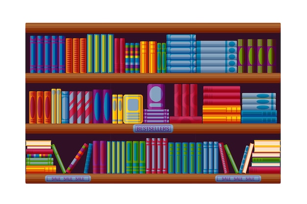 Vector estante de librería con bestsellers y opciones de venta estantes en estilo de dibujos animados ilustración vectorial