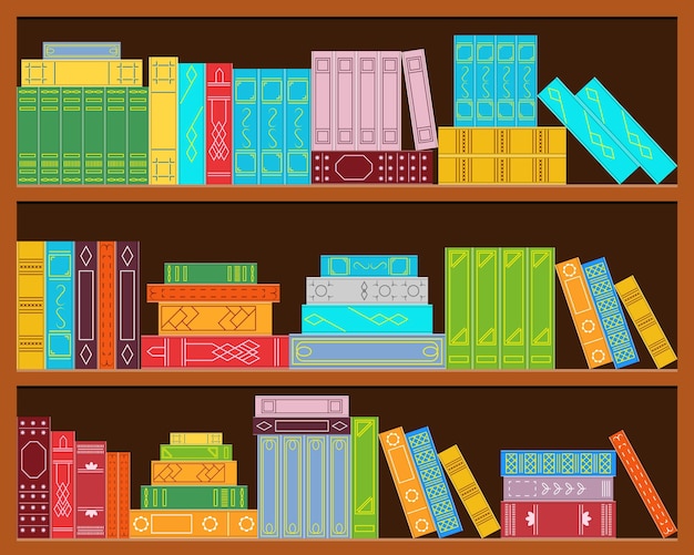 Estante para libros. conjunto de pilas de libros. cubierta de color brillante. estilo plano. el diseño de la biblioteca, oficina, librería. ilustración vectorial.