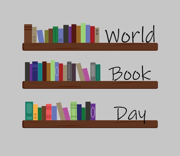 Estante con libros y la inscripción Día Mundial del Libro Ilustración vectorial