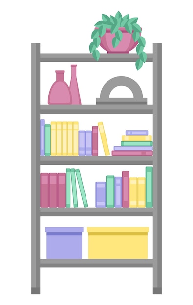 Estante para libros. Librería aislado sobre un fondo blanco. Libros y artículos de interiorismo
