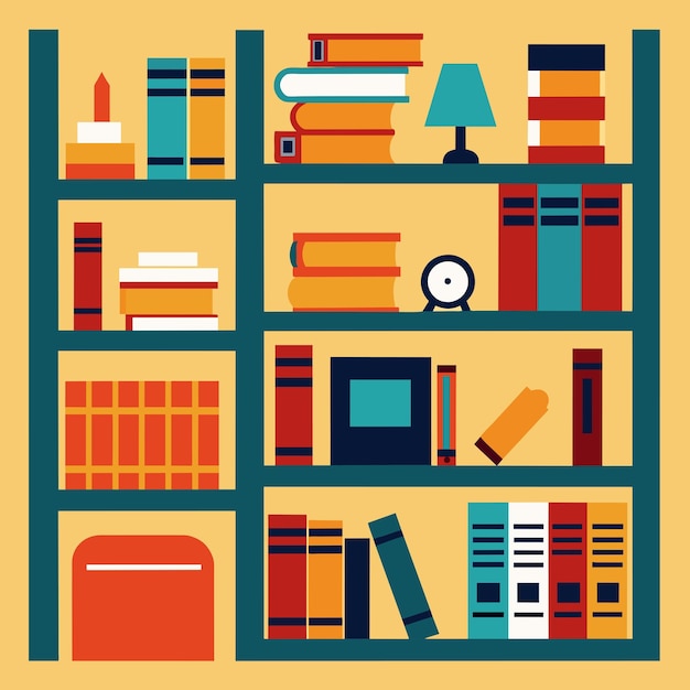 un estante de libros con libros y una lámpara en él