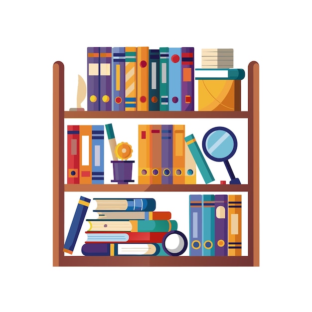 un estante de libros con libros y una lupa
