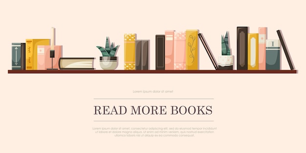 Estante con libros, plantas y una vela estilo de diseño plano en un fondo claro Concepto de lectura y literatura Ilustración vectorial