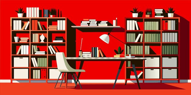 Un estante de libros rojo con libros y un fondo rojo