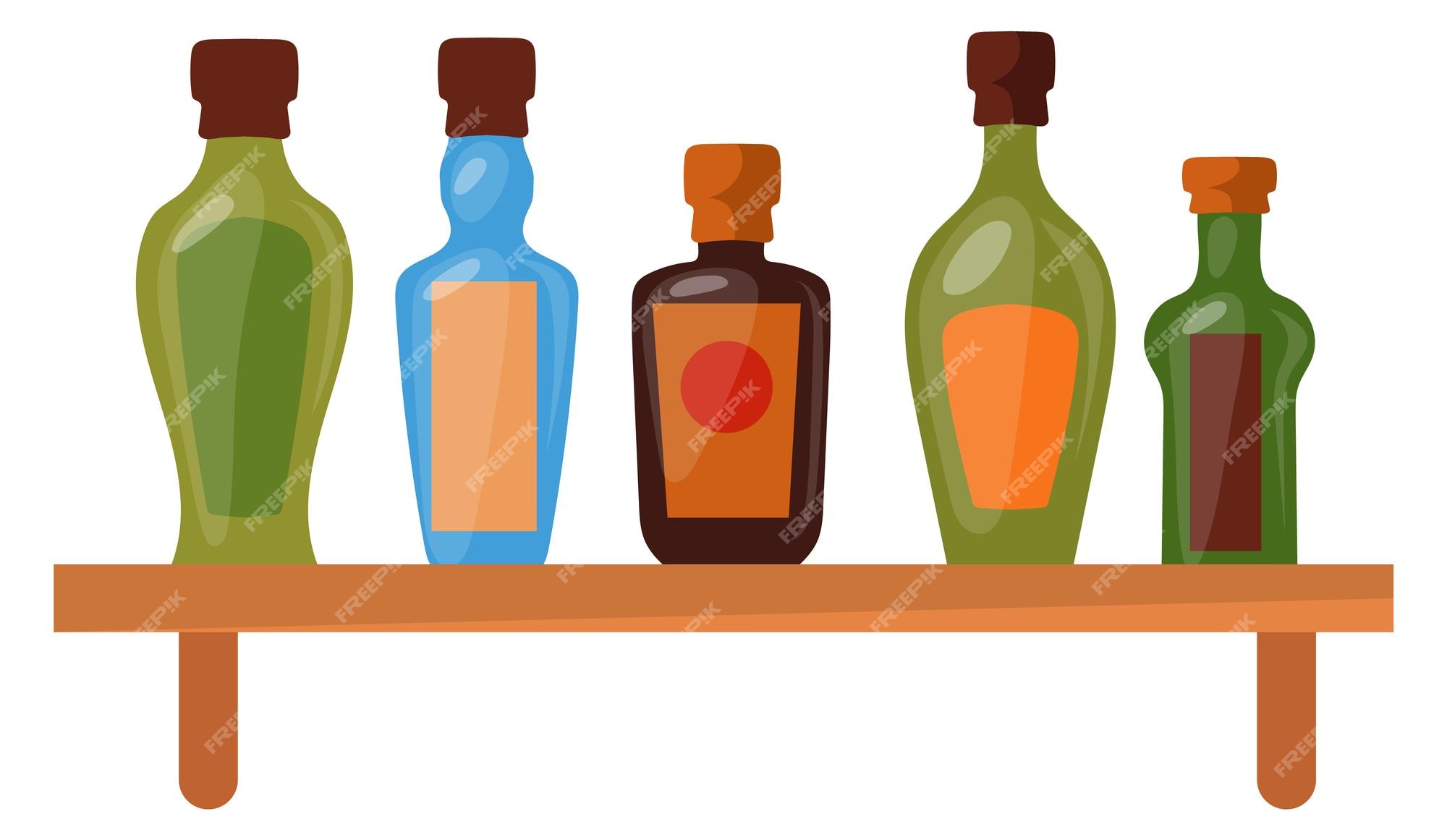 Estante de madera con botellas de vidrio barra de alcohol de dibujos animados Vector Premium