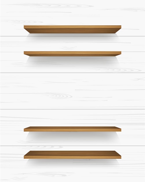 Vector estante de madera sobre fondo de pared de madera blanca con sombra suave. ilustración vectorial.