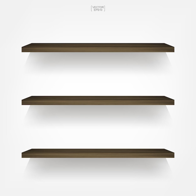 Estante de madera vacío sobre fondo blanco con sombra suave. Ilustración vectorial.