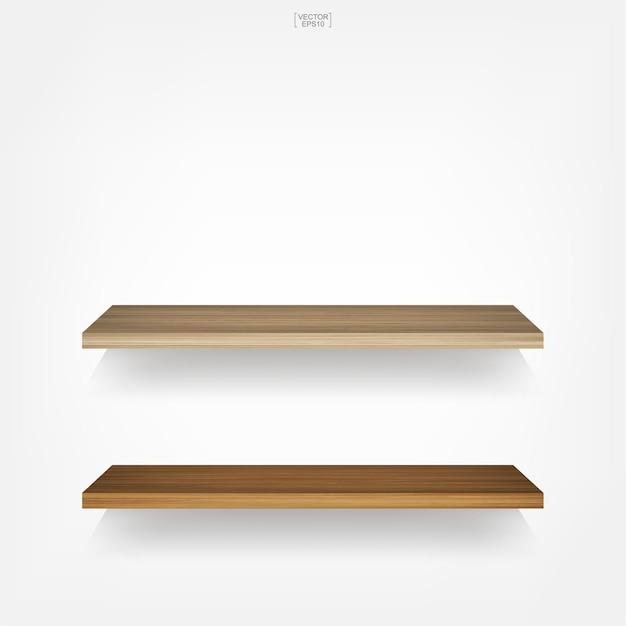 Estante de madera vacío sobre fondo blanco con sombra suave. Ilustración vectorial.
