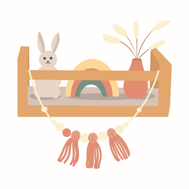 Vector estante de pared con decoración macramé colgando jarrón de liebre de peluche con flores secas interior de estilo boho