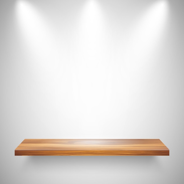 Estante de pared de madera realista iluminado fondo de estudio de estante de tienda vacía con vector de focos