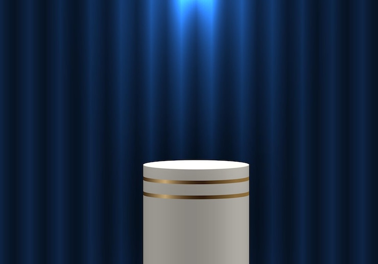 Vector estante de producto de cilindro de pedestal blanco y dorado realista 3d en cortina azul