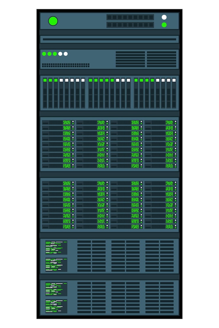 Vector estante del servidor centro de datos de la sala del servidor servidor de red aislado servidor en diseño plano ilustración vectorial