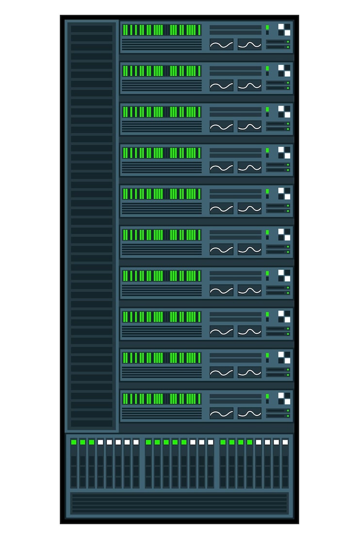 Vector estante del servidor centro de datos de la sala del servidor servidor de red aislado servidor en diseño plano ilustración vectorial