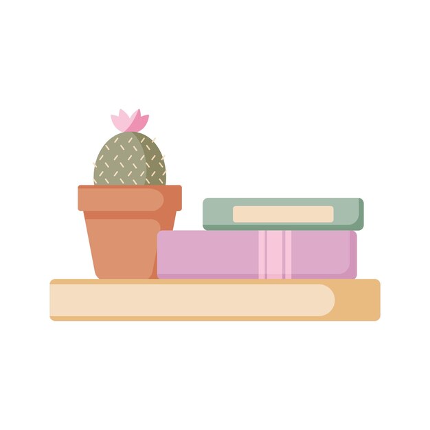 Estantería con cactus en flor en una olla y dos libros Ilustración vectorial plana sobre fondo blanco