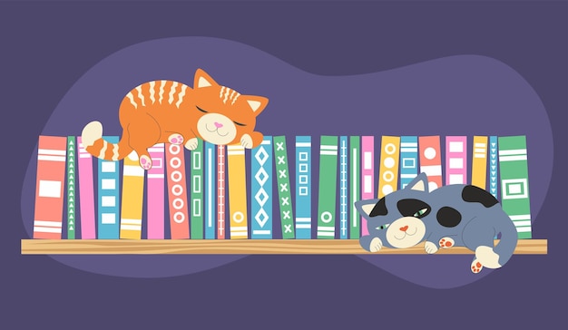 Vector estantería con libros y gatos estandarte