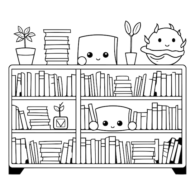 Vector estantería con libros y plantas ilustración vectorial en blanco y negro