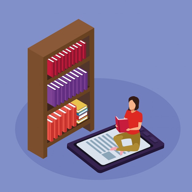 estantería, mujer leyendo sentado en dispositivo ebook en púrpura