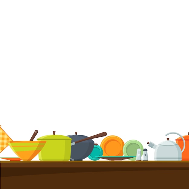 Estanterías de cocina platos y ollas fondo vectorial