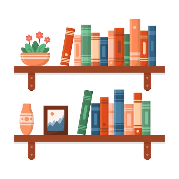 Estanterías con libros y otros objetos ilustración vectorial en estilo plano