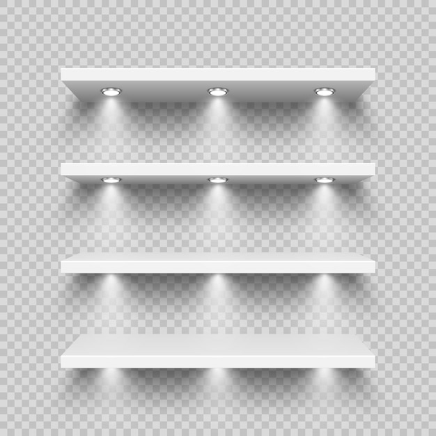Estanterías de tiendas blancas realistas con focos de iluminación estantería de productos vacía estantería de supermercado estante de pared centro comercial