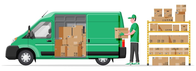 Estantes de almacén con furgoneta de cajas y mover