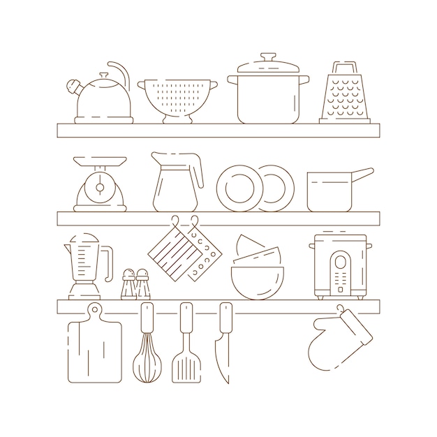 Estantes de cocina. Artículos de cocina ollas cuchara tenedor cuchillo sartenes vector delgada composición lineal