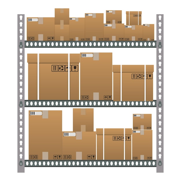 Estantes metálicos con cajas marrones de dibujos animados. parte del almacén. ilustración vectorial en diseño plano aislado sobre fondo blanco.