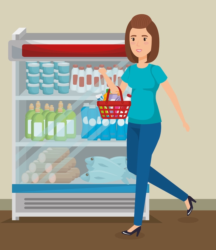 Vector estantes de supermercado con compra de mujer