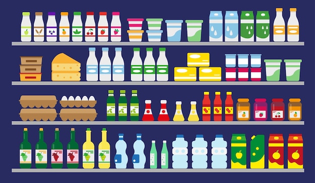 Vector estantes de supermercados con comida y bebidas.