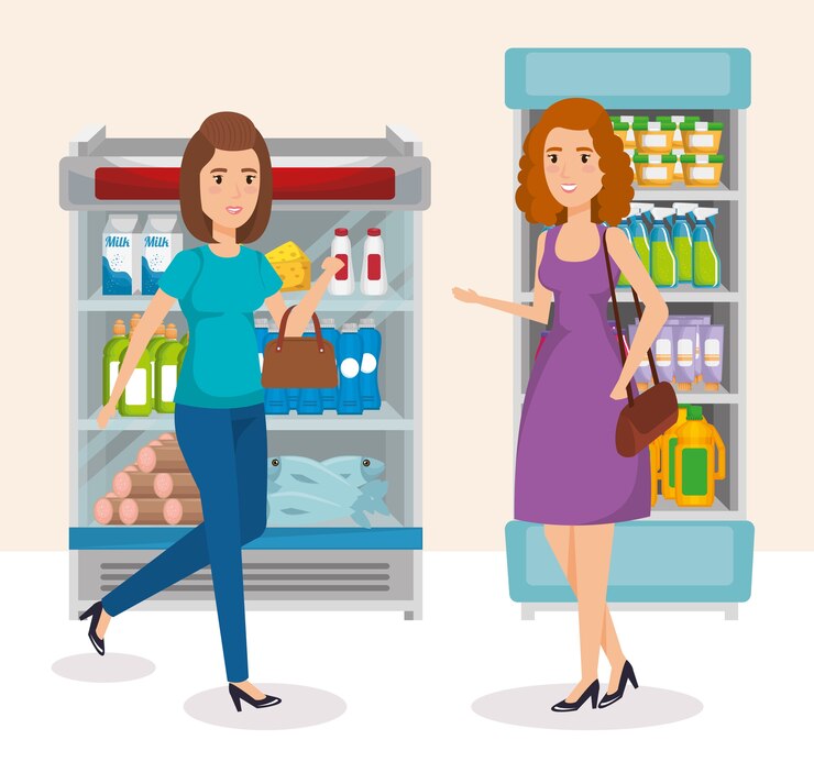 Vector estantes de supermercados con personas comprando