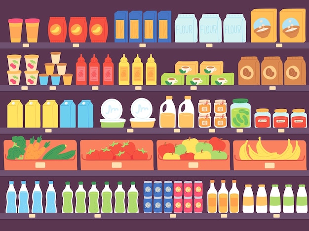 Vector estantes de los supermercados con productos alimenticios. estante de la tienda de abarrotes con surtido, pasta, diario, harina, frutas y bebidas. concepto de vector de mercado. ilustración tienda surtido de alimentos, mercado tienda de comestibles