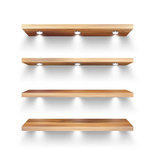 Estantes de tienda de madera realistas con focos de iluminación estantes de productos vacíos estantes de supermercado estantes de pared centro comercial