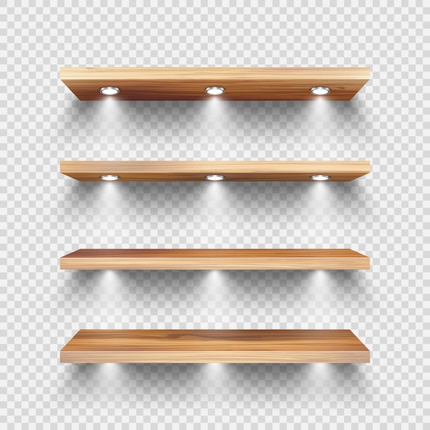Estantes de tienda de madera realistas con focos de iluminación estantes de productos vacíos estantes de supermercado estantes de pared centro comercial