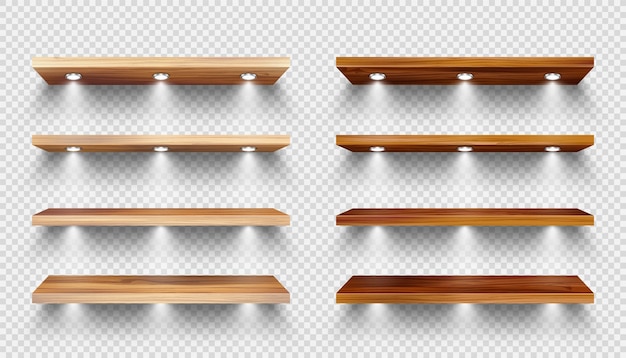 Estantes de tienda de madera realistas con focos de iluminación estantes de productos vacíos estantes de supermercado estantes de pared centro comercial