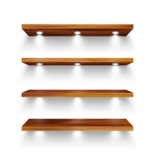Estantes de tienda de madera realistas con focos de iluminación estantes de productos vacíos estantes de supermercado estantes de pared centro comercial