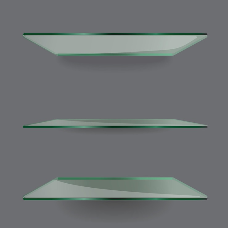 Vector estantes de vidrio transparente realista sobre fondo gris claro