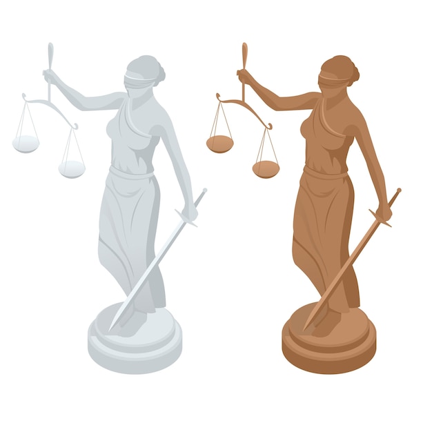 Estatua isométrica del dios de la justicia themis o femida con escamas y espada. símbolo de la ley y la justicia. ilustración de vector de icono plano.