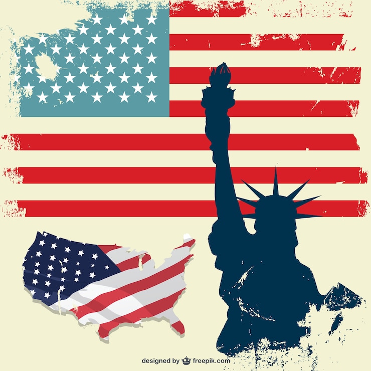 Vector estatua de la libertad y bandera de estados unidos grunge