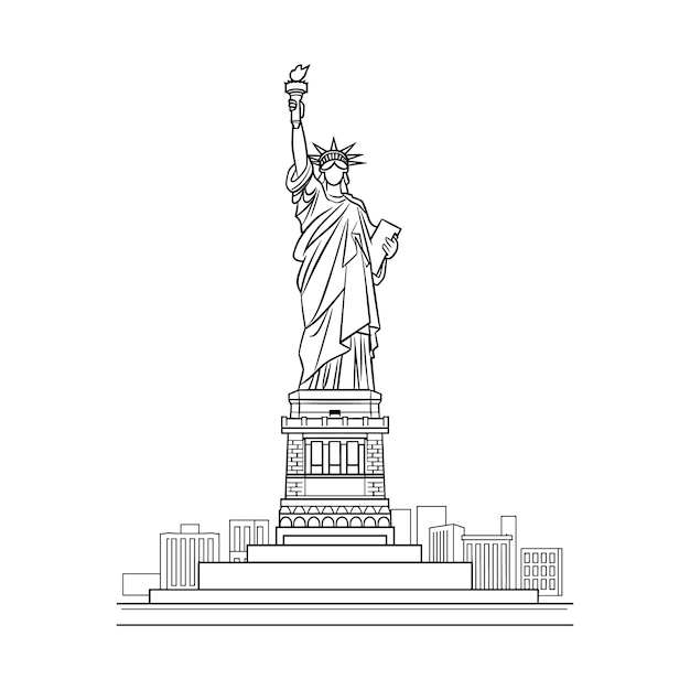 Estatua de la Libertad en blanco y negro con cara oculta en el fondo de la ciudad